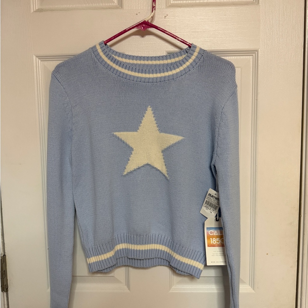 Zumiez Pastel Blue Star Crewneck Sweater with Cream Trim